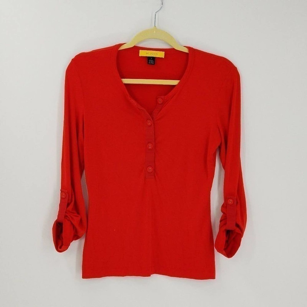 St. John Roll Tab Sleeve Half Button Up Henley Pull Over Blouse Red Size Small